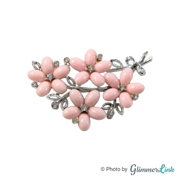 Vintage 1960s Lisner Pink Lucite Floral Rhinestone Silver Tone Brooch